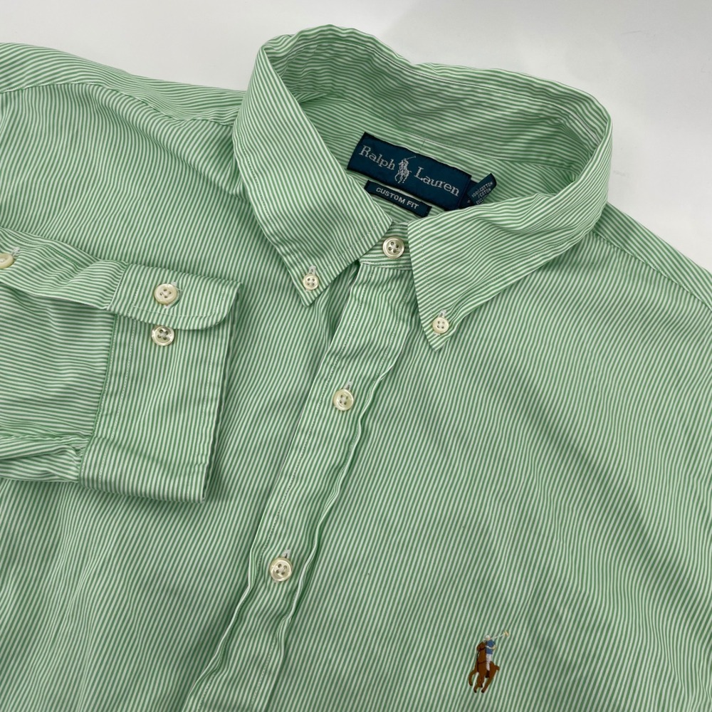 Ralph Lauren Button Down Men 17.5 Green Striped Custom Fit Cotton Pony Logo